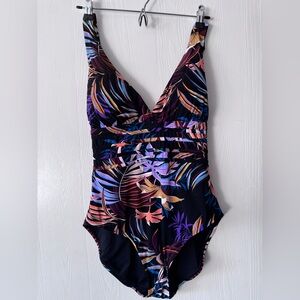 La Blanca Black One-Piece Swimsuit with Pink, Purple & Blue Floral Print - NWOT
